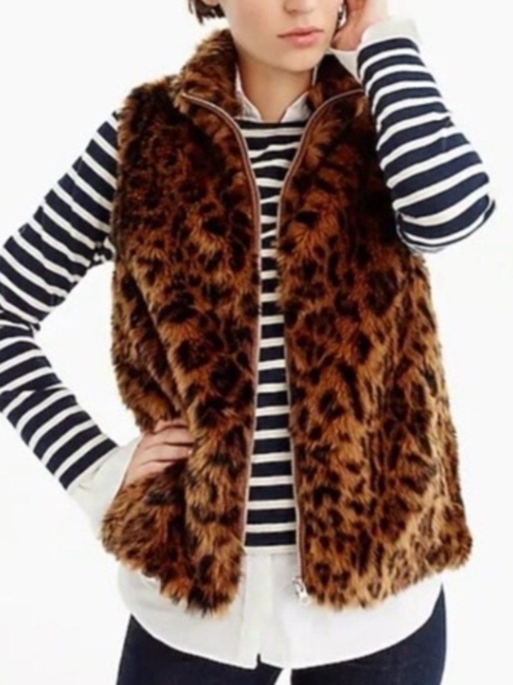 J Crew leopard fur zip vest size XXS like new
